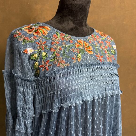 Maeve Anthropologie Blue Sheer Swiss Dot Embroidered Floral Dress XL Boho - Picture 3 of 10